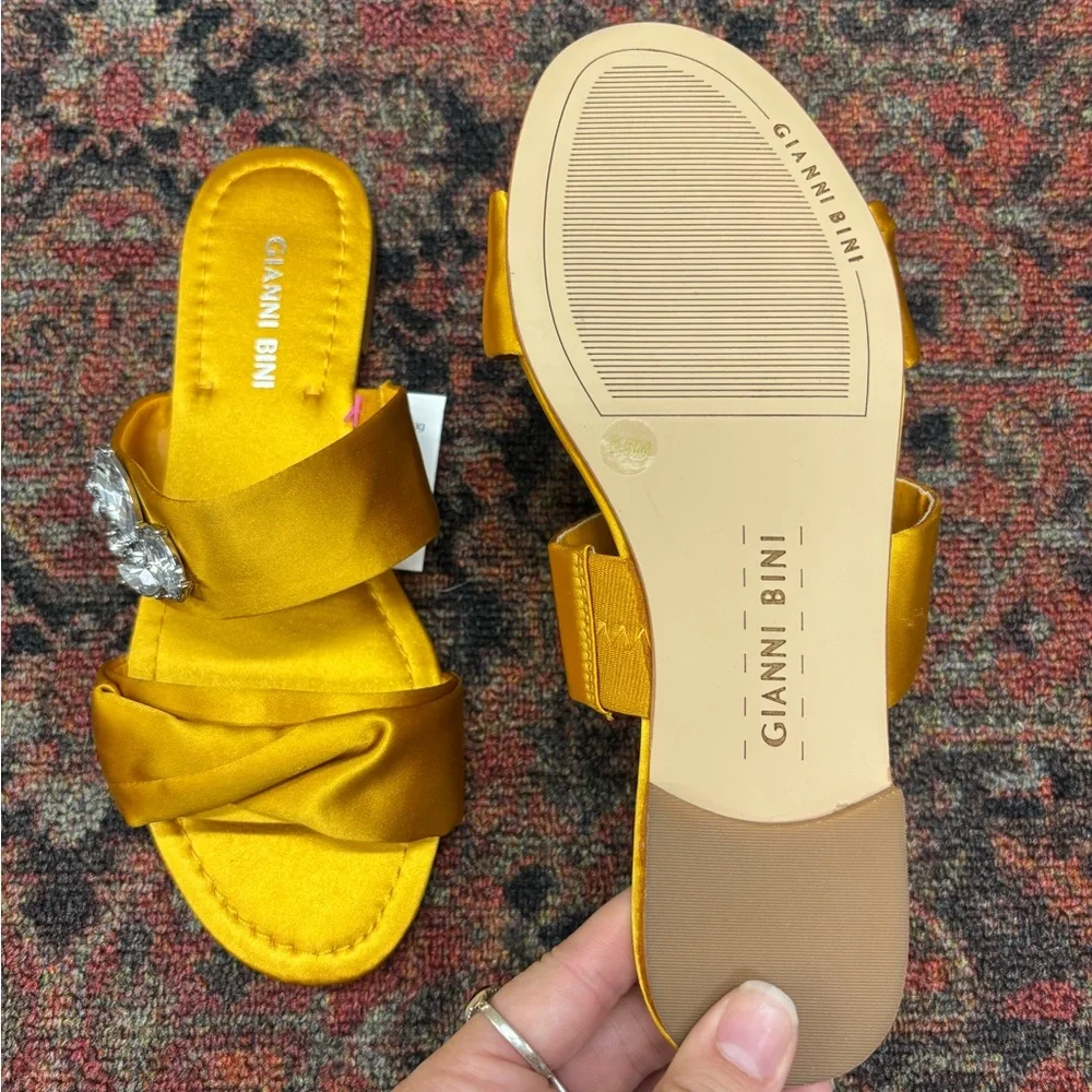 Gianni Bini Yellow Satin Sandals with Jewel Detail